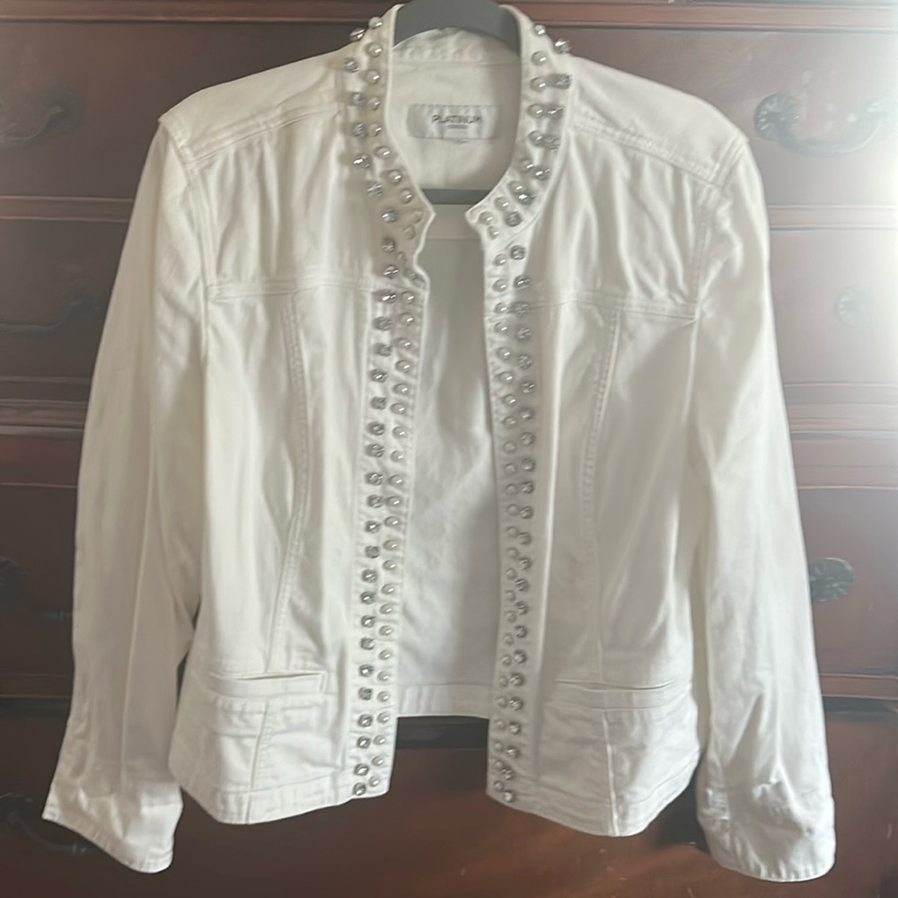 Chico's Platinum Rhinestone Pearl Jean Jacket White Denim Size L/XL